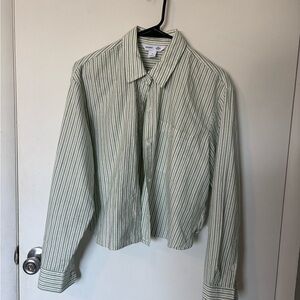 Old Navy Green and White Striped Casual Cropped Button-Down Shirt